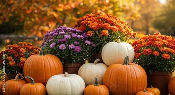 Fototapeta Autumn harvest display with pumpkins and colorful mums