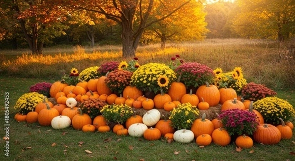Fototapeta Autumn bounty arranged in a sunny outdoor setting with pumpkins and mums