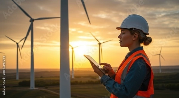 Fototapeta Engineer monitoring wind turbines at sunset