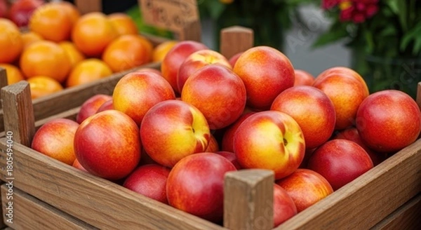 Fototapeta Ripe nectarines and oranges overflow a rustic wooden crate at a market
