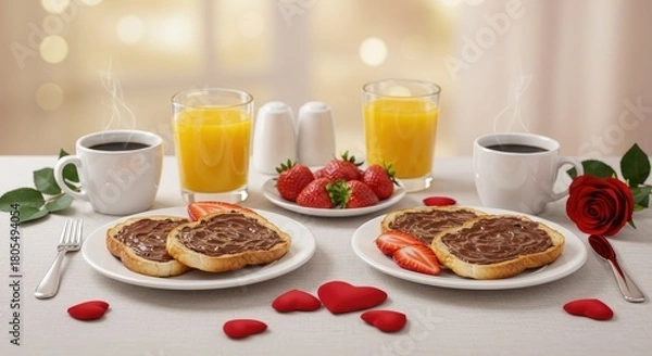 Fototapeta Romantic breakfast for two with coffee, juice, toast, strawberries, and a rose