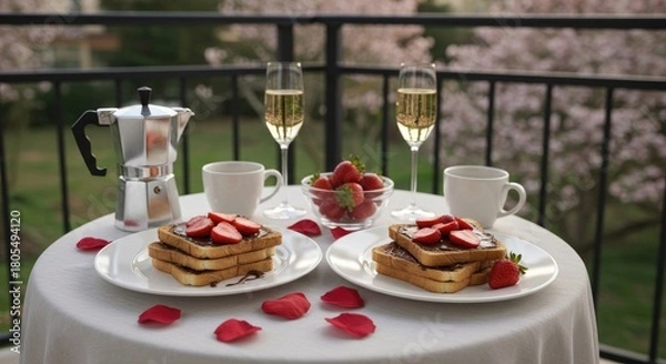 Fototapeta Romantic breakfast for two on a balcony with strawberries, toast, and coffee
