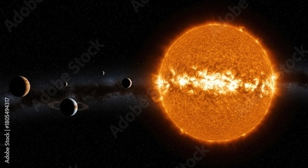 Fototapeta Fiery sun illuminates distant planets and rings orbiting in the vast, star-filled cosmic expanse