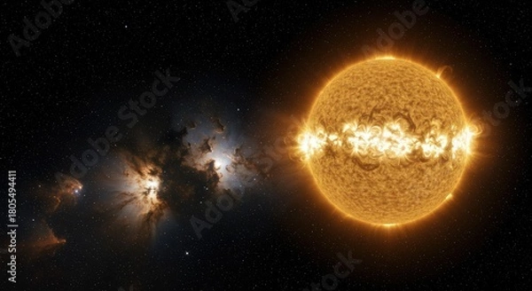 Fototapeta Luminous star erupting with plasma flares, illuminating distant nebulae in vast darkness