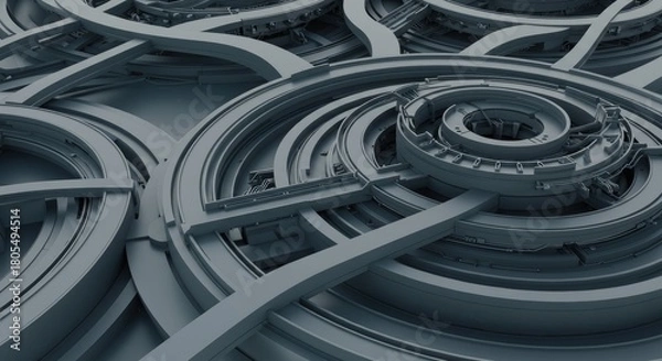 Fototapeta Abstract, intricate metallic circular structures with complex pathways and interconnected mechanical elements