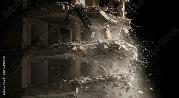Fototapeta Building collapsing in a shower of debris and dust against a dark background