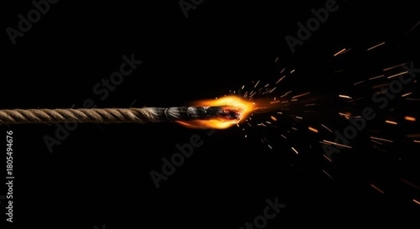 Fototapeta A lit fuse on a rope burns brightly with sparks against a dark background