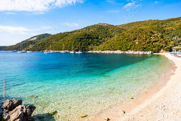Obraz View of beautiful Mikros Gialos beach and calm turquoise sea water, Lefkada island, Greece