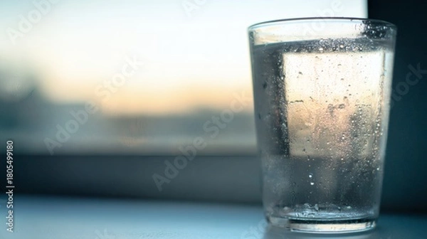 Fototapeta lucid. A refreshing glass of water with condensation, highlighting simplicity and purity. bar promotions, beverage menus, designed for product packaging and bar promotions, used by data analysts.