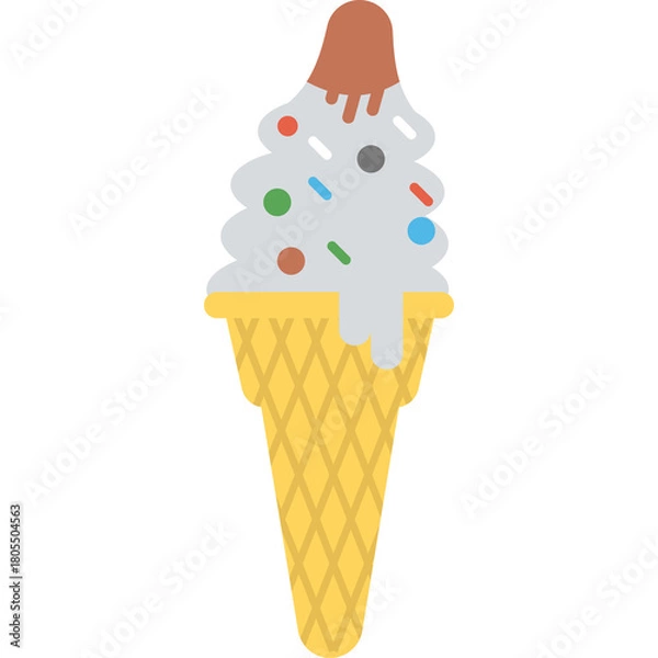 Obraz Delicious Vanilla Soft Serve Ice Cream Cone with Rainbow Sprinkles Melting on a Transparent Background