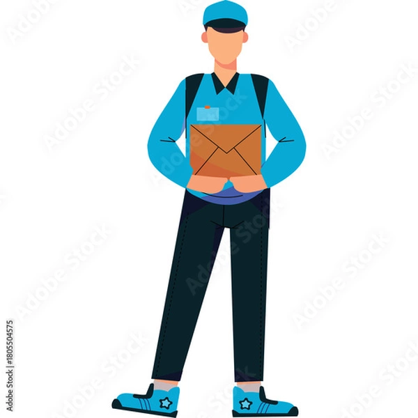 Obraz Delivery Man in Blue Uniform Holding Cardboard Package Standing Against Transparent Background
