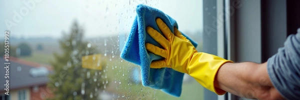 Fototapeta Person in yellow rubber gloves wiping wet window with blue microfiber cloth, representing cleanliness and thorough home maintenance
