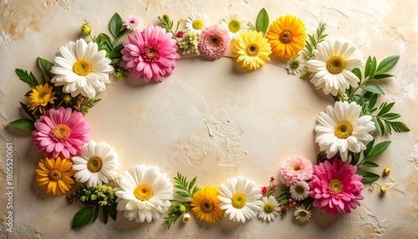 Fototapeta Floral arrangement with daisies and gerberas arranged in a circle for a background