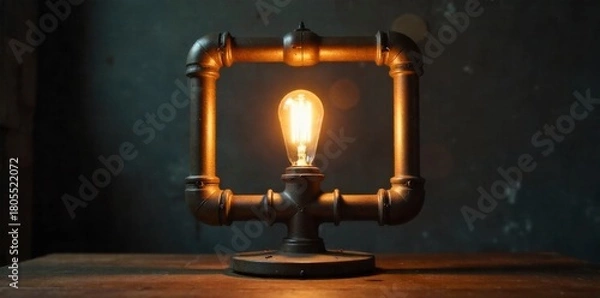 Fototapeta Cozy, vintage style pipe lamps casting warm, inviting light on textured walls, evoking a rustic, comfortable ambiance. A close up of a vintage style lamp constructed from industrial pipes. An exposed