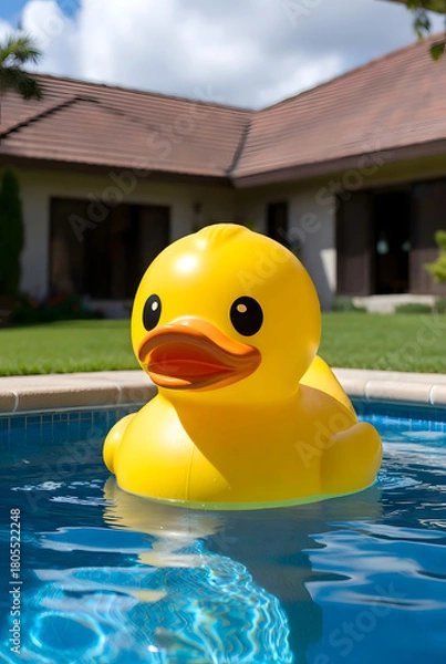 Fototapeta Large yellow rubber duck pool float in backyard swimming pool
