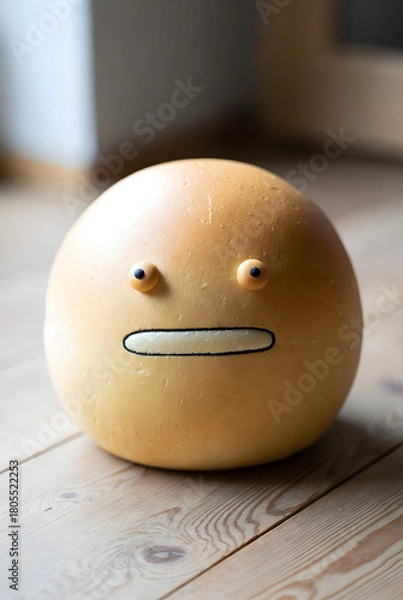 Fototapeta Round toy figure with simple face on wooden floor