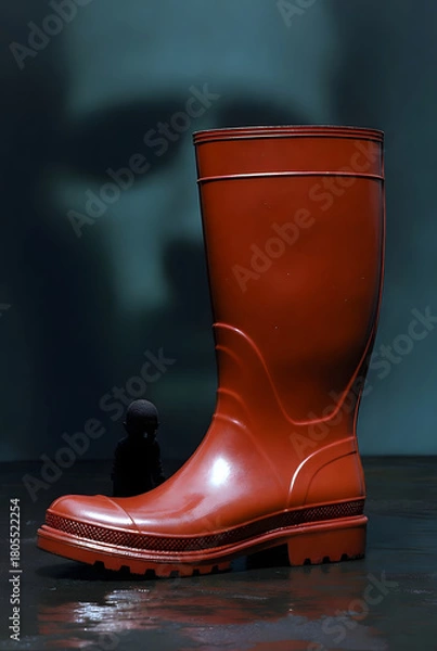 Fototapeta Glossy red rain boot with small dark figurine in dramatic lighting