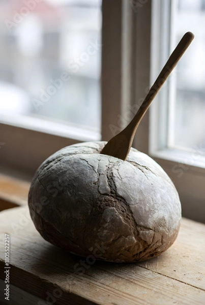Fototapeta Rustic round loaf of bread with wooden spoon on windowsill