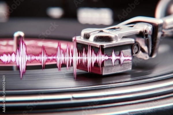 Fototapeta Close Up Of A Stylus On A Vinyl Record Playing A Pink Sound Wave