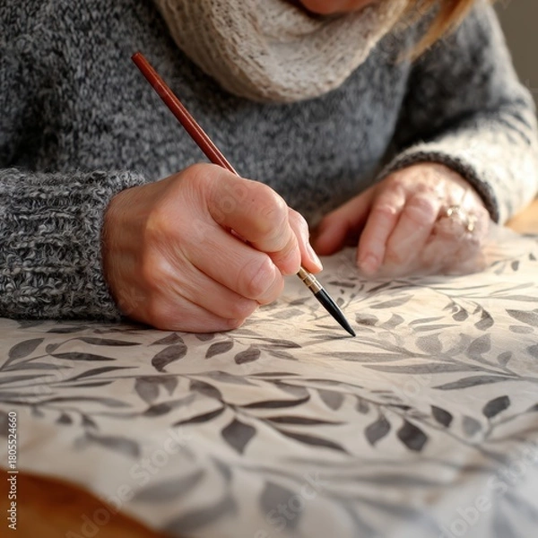 Obraz Close Up Of A Woman's Hands Painting A Floral Pattern On Fabric With