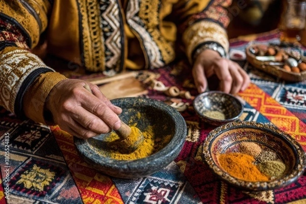 Fototapeta Close Up Of Hands Grinding Turmeric Spice In A Stone Mortar With