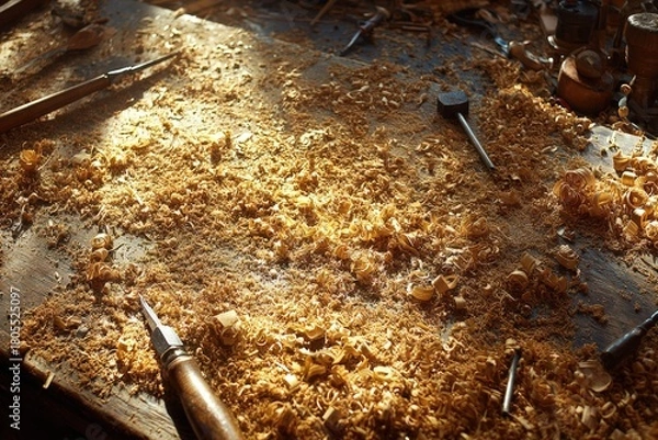 Obraz Close up Of Wood Shavings Scattered Across A Wooden Workbench With