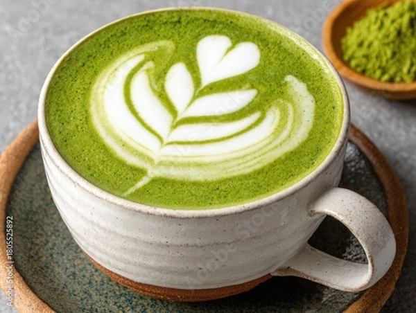Fototapeta Frothy Matcha Latte with Delicate White Foam Art in Rustic Ceramic