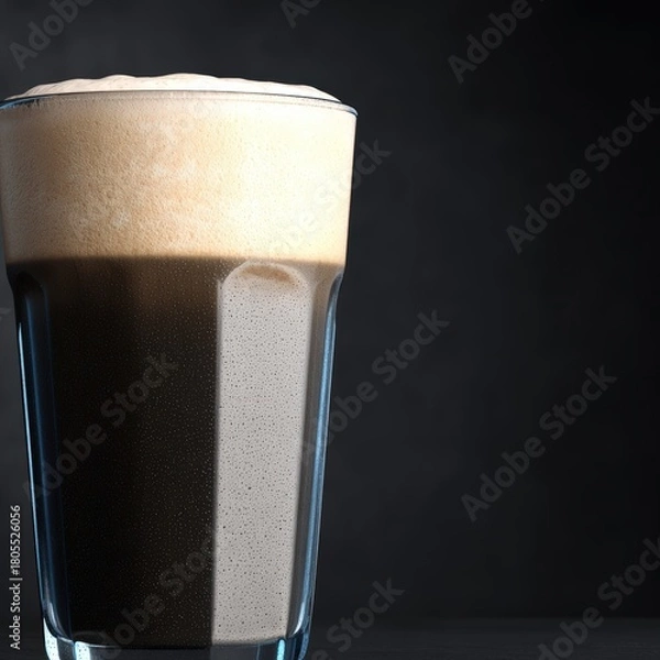 Fototapeta A Tall Glass Filled With Dark Fizzy Beverage And Creamy Foam Top