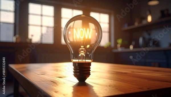 Fototapeta Illuminated Light Bulb with 'Now' Inscription Symbolizing Time and Opportunity