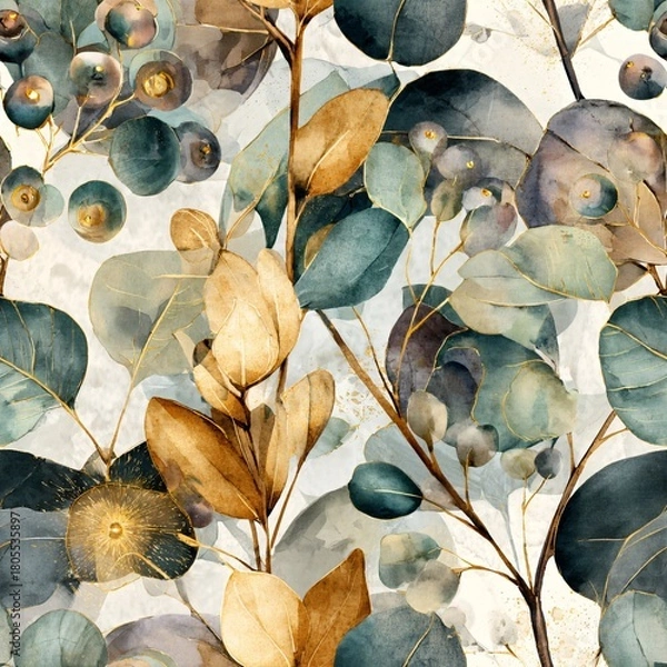 Obraz Watercolor botanical seamless pattern with eucalyptus leaves. Floral design for textile, wallpaper, wedding invitation, wrapping paper, fabric.