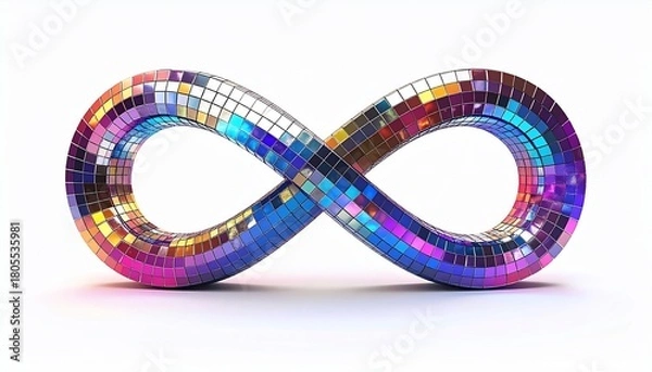 Fototapeta Infinity symbol crafted from reflective mosaic tiles on a pristine white background