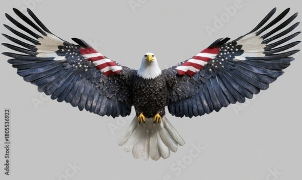 Fototapeta Bold eagle spreads wings adorned with red stripes and white stars on gray background