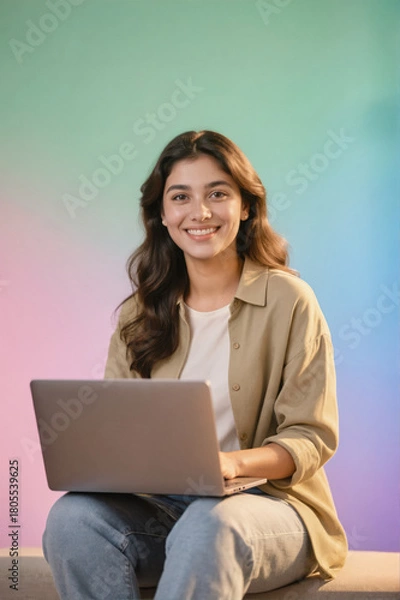 Obraz A smiling young woman with long brown hair using a laptop, seated against a colorful gradient background in a studio setting.