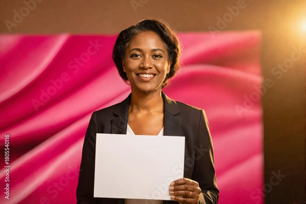 Fototapeta A smiling woman in a black blazer holding a blank white card against a vibrant pink textured backdrop.