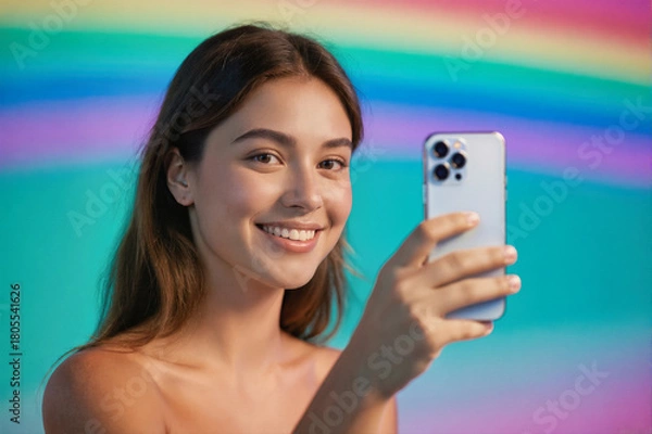 Fototapeta A smiling young woman holding a smartphone in front of a vibrant, colorful gradient background.