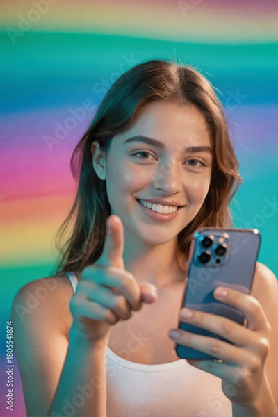 Fototapeta A young woman smiling and pointing at the camera while holding a smartphone, set against a vibrant rainbow-colored gradient background.