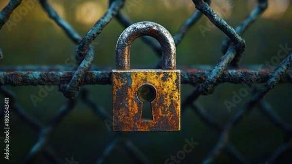 Fototapeta Rusty Padlock Securing Chain Link Fence