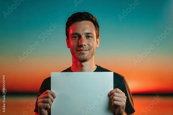 Fototapeta A man holding a blank white sign against a vibrant sunset backdrop with blue and orange hues, captured in a studio-style portrait.