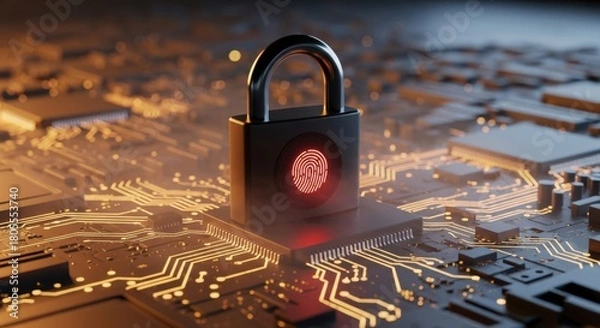 Fototapeta Padlock with glowing fingerprint symbol on computer chip represents data security and personal access authentication