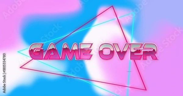 Obraz Displaying large metallic pink GAME OVER text centered in synthwave artwork, with neon triangles