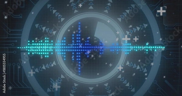 Fototapeta Displaying pixelated waveform with HUD rings on screen, showing grid, circuit lines and particles