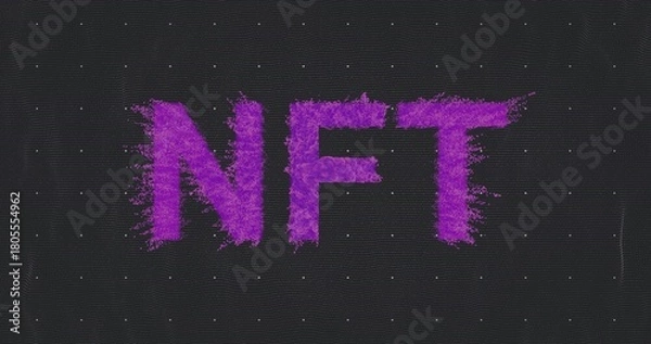 Fototapeta Displaying bold purple NFT letters spreading particle fragments on dark digital canvas, dotted grid