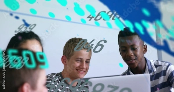 Obraz Working group of four leaning over laptop at classroom table, with AR overlays and striped shirts