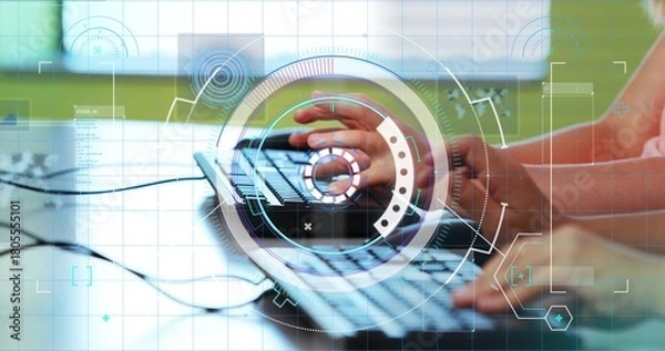 Fototapeta Typing older child and infant hands operating keyboard at desk, bare forearms, onesie, cables, HUD