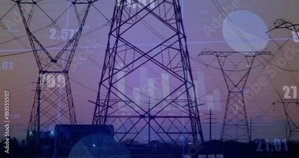 Obraz Towering steel lattice tower dominating dusk at power corridor, showing power lines and data charts