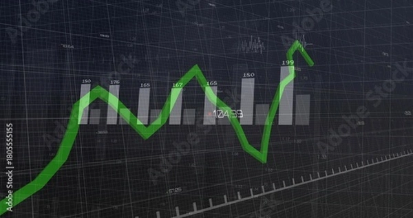 Obraz Showing green 3D-styled line chart rising across dark financial dashboard, gray bars and labels
