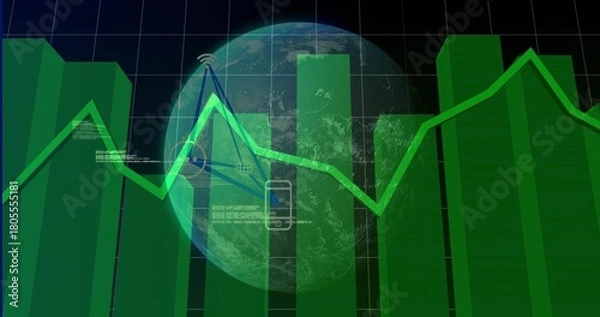 Obraz Showing composite financial dashboard featuring green 3D bar chart and neon line graph, with globe
