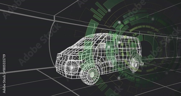 Obraz Rendering 3D wireframe van model in studio showing converging grid floor, neon segmented HUD rings