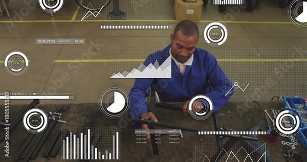 Obraz Repairing worker in blue jacket and tie aligning metal bar in workshop, with tools, HUD overlays