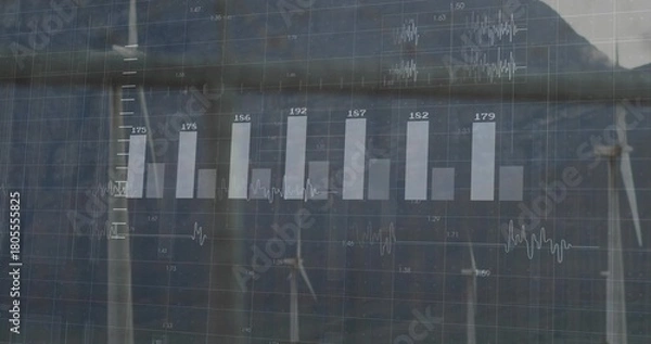 Obraz Displaying labeled bar chart and waveform traces on glazed glass with grid, mullions, turbines